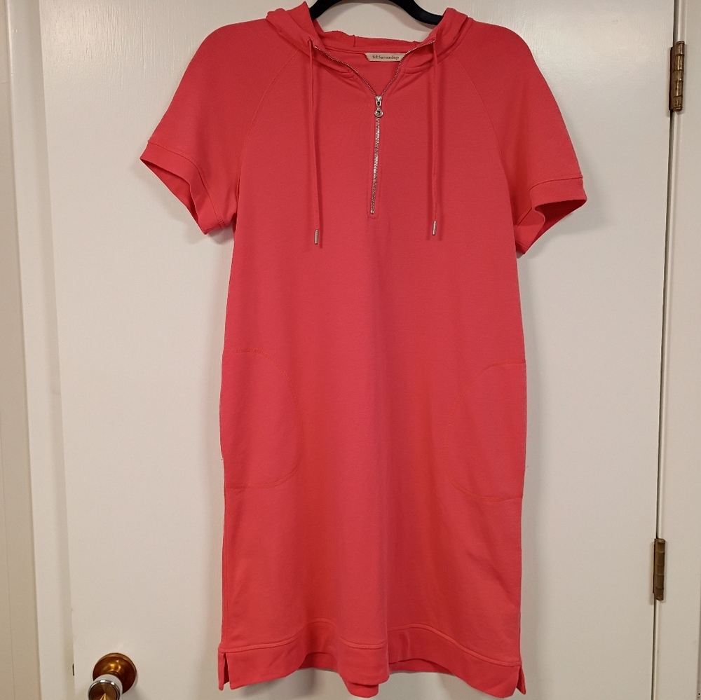 Soft Surroundings Short Sleeve Sweatshirt Hoodie Dress Sz L Coral Swim Coverup
